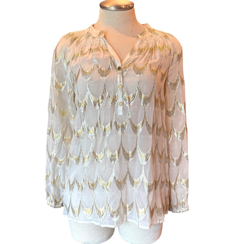 Lilly‎ Pulitzer Silk Metallic Blouse Women's Size Small Sheer Gold Silver